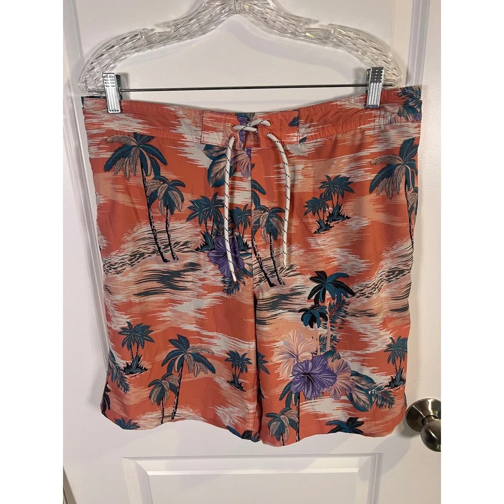 Goodfellow & Co Mens Swim Trunks‎ Tropical Palm Tree Floral Orange Size L